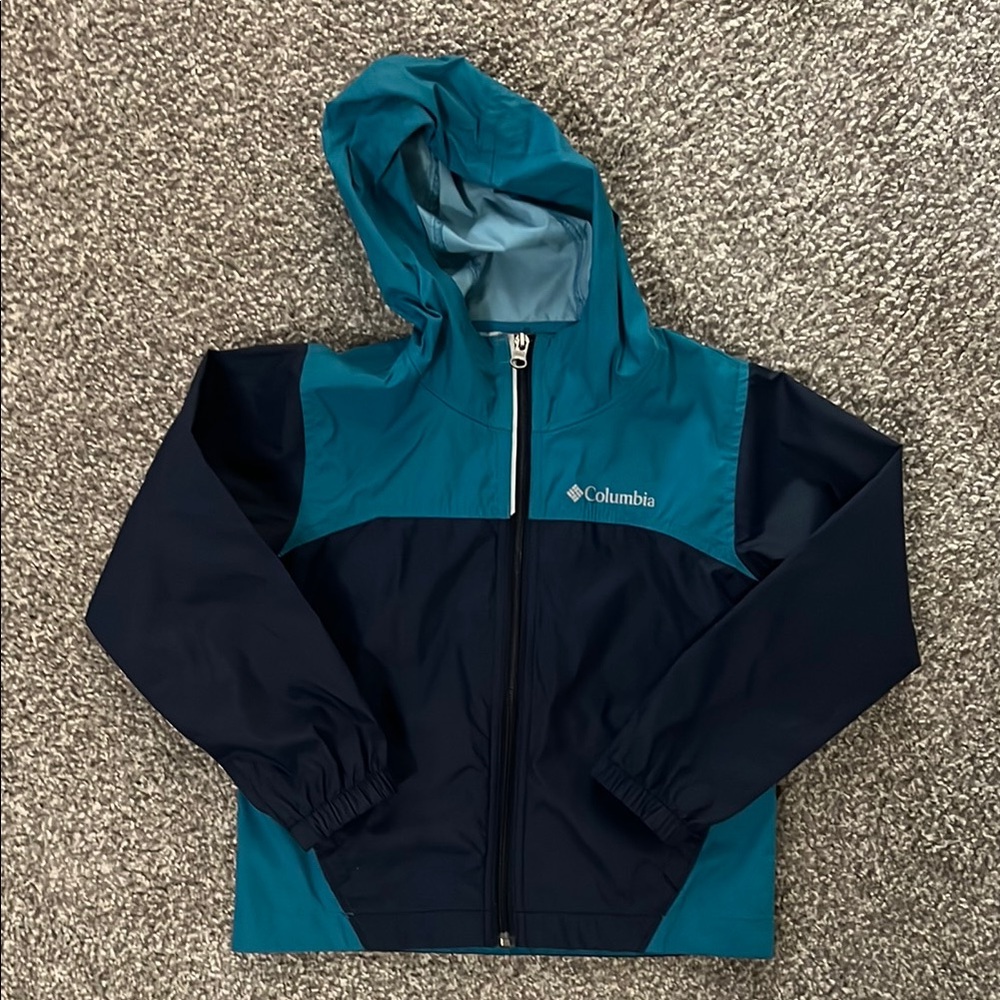 Columbia Blue and Dark Blue Hooded Rain Jacket